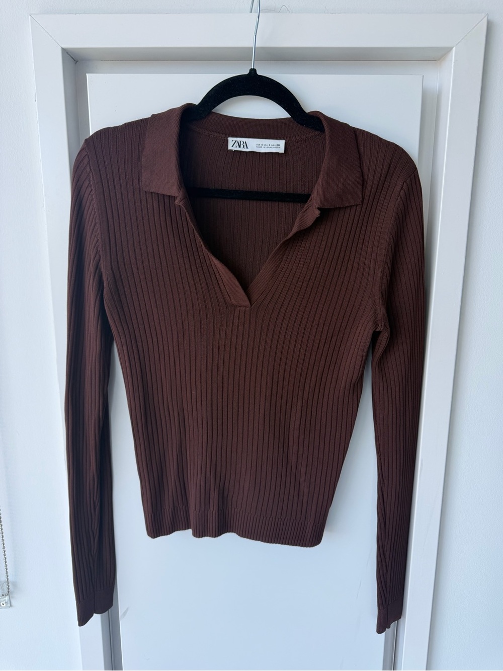 Zara Brown Ribbed Long-Sleeve Collared Top